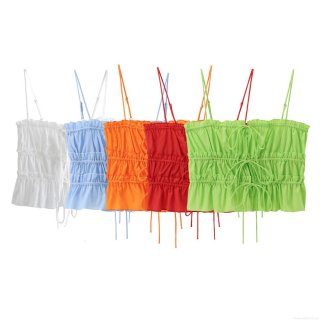 Women Sexy Slim Fit Cami Top Polyester Bow Knot Smocked Ruffle Frill Hem Sleeveless Summer Beach Casual Crop Top