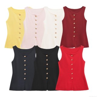 Women's Knitted Vest Mercerized Cotton Sleeveless Round Neck Button Front Slim Fit Solid Color Casual Streetwear Waistcoat Tank Top
