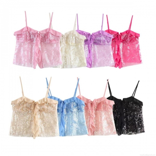 Women Sexy Sequin Camisole Top With Ruffle Tie-Front V-Neck Sleeveless Party Tank Top 100% Polyester Streetwear Clubwear For Ladies Women Sexy Sequin Camisole Top With Ruffle Tie-Front V-Neck Sleeveless Party Tank Top 100% Polyester Streetwear Clubwear For Ladies
