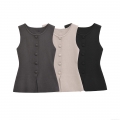 Women's Mercerized Cotton Knitted Vest Sleeveless Button Down Cardigan Top Solid Color Crew Neck Casual Waistcoat Fashion Streetwear Outerwear
