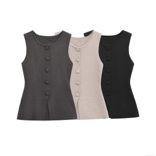 Women's Mercerized Cotton Knitted Vest Sleeveless Button Down Cardigan Top Solid Color Crew Neck Casual Waistcoat Fashion Streetwear Outerwear