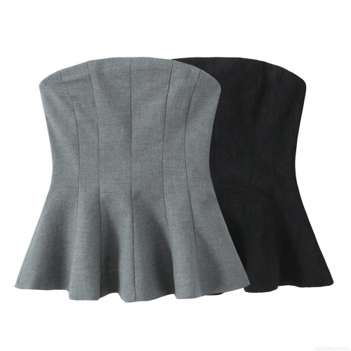 Women Sexy Strapless Tube Top Polyester Suede Fabric Peplum Hem Side Zipper Slim Fit Fishbone Design For Party Street Club European Fashion