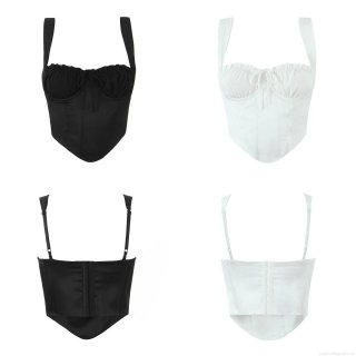Women's Sexy Satin Corset Top Fishbone Boning Bustier Pleated Drawstring Camisole Crop Top For Party Streetwear Fashion Sleeveless Slim Fit Bralette Clubwear