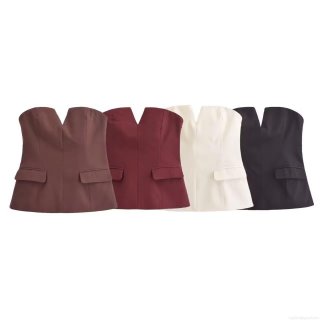 Women Sexy V-Neck Notch Strapless Tube Top Slim Fit Polyester Bustier With Decorative Pockets Solid Color Summer Crop Top For Party Clubwear Streetwear Elegant Lady Clothing