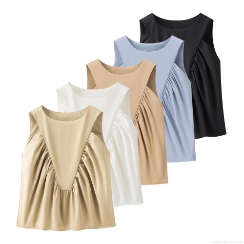 Women's Summer Sleeveless Top Round Neck Pleated Front Polyester Loose Vest Elegant Solid Color Casual Blouse Streetwear for Women Women's Summer Sleeveless Top Round Neck Pleated Front Polyester Loose Vest Elegant Solid Color Casual Blouse Streetwear for Women