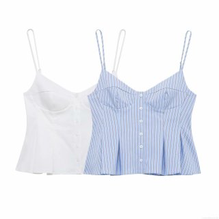 Women Summer Street Fashion Polyester Woven Camisole Top Thin Straps V-Neck Single Breasted Stripe Solid Pleated Peplum Hem Sexy Slim Fit Tank Top Women Summer Street Fashion Polyester Woven Camisole Top Thin Straps V-Neck Single Breasted Stripe Solid Pleated Peplum Hem Sexy Slim Fit Tank Top