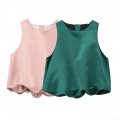 Women's Satin Sleeveless Tank Top Elegant Balloon Hem Solid Color Round Neck Back Button Vest Summer Streetwear Party Top For Ladies