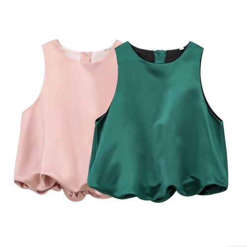 Women's Satin Sleeveless Tank Top Elegant Balloon Hem Solid Color Round Neck Back Button Vest Summer Streetwear Party Top For Ladies