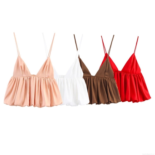 French Style Satin Camisole For Women V Neck Spaghetti Strap Sleeveless Backless Ruffle Hem Puffy Tank Top Sexy Summer Loose Vest Tops For Party Vacation