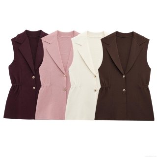 Women Western Style Knitted Vest Notch Lapel Sleeveless Ruched Waist Solid Color Slim Fit Tank Top With Gold Buttons Casual Office Wear Waistcoat Women Western Style Knitted Vest Notch Lapel Sleeveless Ruched Waist Solid Color Slim Fit Tank Top With Gold Buttons Casual Office Wear Waistcoat