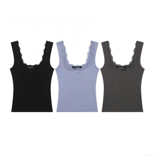 Women's Slim Fit Ribbed Knit Polyester Tank Top With Lace Trim Bow Detail U-Neck Sleeveless Streetwear Cami Top For Summer Daily Wear