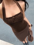 Women Retro Halter Velvet Tank Top Sexy Backless Pleated Sleeveless Cami Top Slim Fit Crop Top For Party Streetwear Clubwear Brown Polyester Elastane Chic Vest