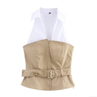 Women Fashion Halter Neck Patchwork Tank Top With Belt Cotton Blend Sleeveless Shirt Collar Vest Top For Summer Streetwear Elegant Casual Lady Clothing
