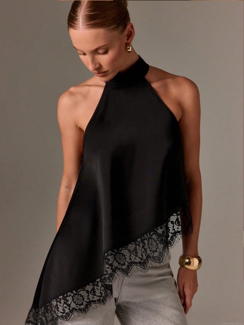 Women's Sexy Halter Neck Satin Tank Top Elegant Sleeveless Lace Patchwork Irregular Hem Camisole Summer Backless Party Clubwear Top