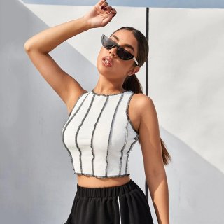 Women's Contrast Stitching Crop Tank Top Ribbed Knit Sleeveless Round Neck Slim Fit Vest Top Streetwear Casual Summer Sleeveless T-Shirt Women's Contrast Stitching Crop Tank Top Ribbed Knit Sleeveless Round Neck Slim Fit Vest Top Streetwear Casual Summer Sleeveless T-Shirt