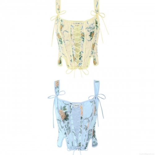 Vintage Floral Corset Top Women Lace Up Slim Fit Cotton Camisole Sexy Bow Strap Bustier For Summer Vacation Party Streetwear