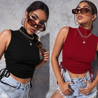 Women's Sleeveless High Neck Ribbed Knit Crop Top Sexy Streetwear Side Drawstring Slim Fit Tank Top Rayon Polyester Spandex Blend Summer Vest