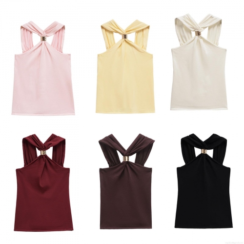 Women's Summer Halter Neck Knit Tank Top With Metal Buckle Sexy Twist Front Mercerized Cotton Sleeveless Slim Fit Streetwear Camisole