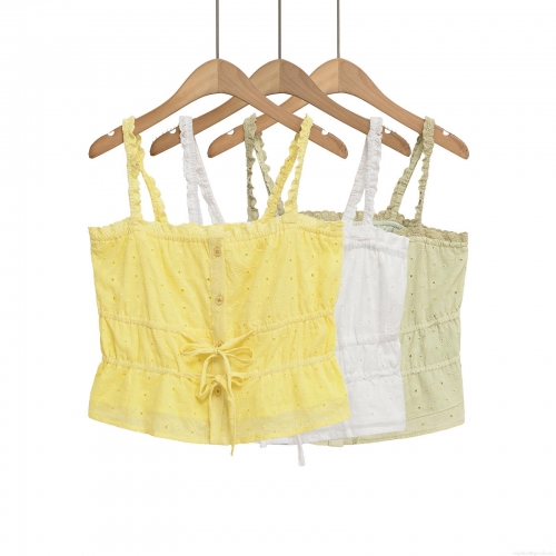 Women Eyelet Embroidery Lace-up Camisole Ruffled Strap Slim Fit Crop Top For Summer Vacation Party Ladies Elegant Cotton Blend Eyelet Tube Top Women Eyelet Embroidery Lace-up Camisole Ruffled Strap Slim Fit Crop Top For Summer Vacation Party Ladies Elegant Cotton Blend Eyelet Tube Top