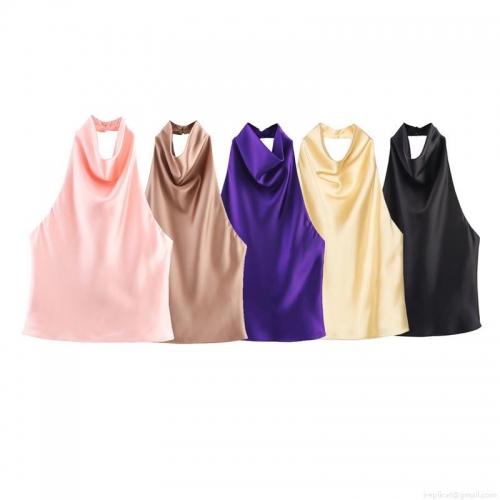 Elegant Satin Halter Tank Top Sleeveless Glossy Silk Texture Backless Camisole For Women Summer Party Clubwear Sexy Chic Vest Elegant Satin Halter Tank Top Sleeveless Glossy Silk Texture Backless Camisole For Women Summer Party Clubwear Sexy Chic Vest