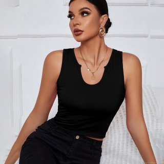 Women Notched Neck Knit Tank Top Sleeveless Slim Fit Solid Color Ribbed Vest Top Summer Casual Sporty Polyester Rayon Spandex Top For Women