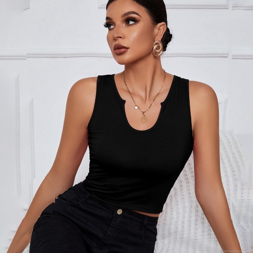 Women Notched Neck Knit Tank Top Sleeveless Slim Fit Solid Color Ribbed Vest Top Summer Casual Sporty Polyester Rayon Spandex Top For Women
