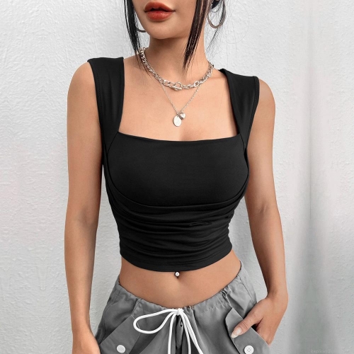 Women's Sexy Square Neck Ruched Tank Top Slim Fit Cropped Knit Camisole Sleeveless Solid Color Rayon Spandex Stretch Top For Summer Streetwear