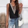 Women Sexy V Neck Sleeveless Tank Top Lace Hollow Out Crisscross Straps Loose Casual Summer Camisole Cotton Blend Solid Color Top For Women