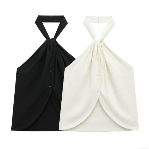Women's Sexy Halter Neck Backless Camisole Top Button Decor Knotted Sleeveless Slim Fit Polyester Streetwear Vest For Summer Party Women's Sexy Halter Neck Backless Camisole Top Button Decor Knotted Sleeveless Slim Fit Polyester Streetwear Vest For Summer Party