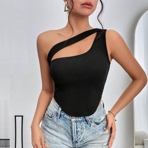 Women Sexy One Shoulder Rib-Knit Crop Top Polyester Spandex Asymmetric Cut-Out Tank Top For Summer Party Clubwear Slim Fit Irregular Hem Vest Women Sexy One Shoulder Rib-Knit Crop Top Polyester Spandex Asymmetric Cut-Out Tank Top For Summer Party Clubwear Slim Fit Irregular Hem Vest