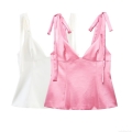 Women's Satin Cami Top V-Neck Bow Tie Shoulder Straps Solid Color Sleeveless Vest For Summer Daily Streetwear Fashion Slim Fit Tank Top