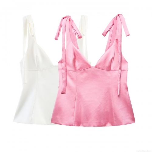 Women's Satin Cami Top V-Neck Bow Tie Shoulder Straps Solid Color Sleeveless Vest For Summer Daily Streetwear Fashion Slim Fit Tank Top