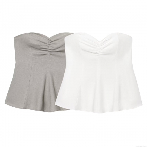 Women's Sexy Peplum Tube Top Ruched Heart Neckline Backless Sleeveless Cotton Linen Blend Summer Solid Color Shirt With Back Zipper