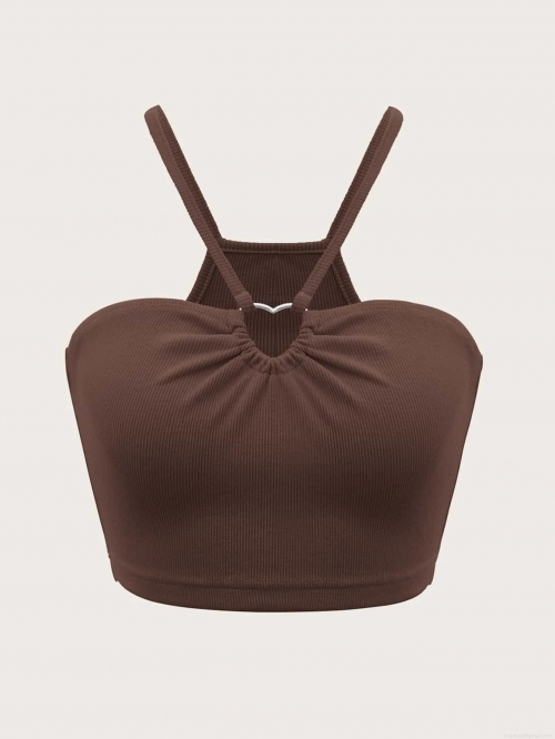 Women's Ribbed Knit Halter Neck Camisole With Heart Metal Buckle Sexy Slim Fit Short Tank Top For Summer Party Polyester Elastane Crop Top Women's Ribbed Knit Halter Neck Camisole With Heart Metal Buckle Sexy Slim Fit Short Tank Top For Summer Party Polyester Elastane Crop Top
