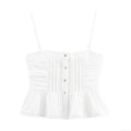 Women's White Cami Top Embroidered Lace Trim Ruching Cotton Blend Sleeveless Crop Top Button Down Strappy Tank Top For Summer Casual Streetwear