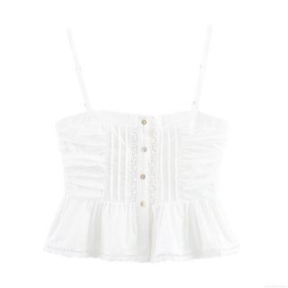 Women's White Cami Top Embroidered Lace Trim Ruching Cotton Blend Sleeveless Crop Top Button Down Strappy Tank Top For Summer Casual Streetwear Women's White Cami Top Embroidered Lace Trim Ruching Cotton Blend Sleeveless Crop Top Button Down Strappy Tank Top For Summer Casual Streetwear