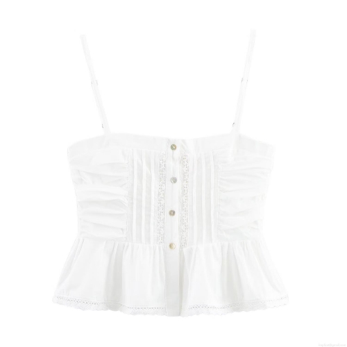 Women's White Cami Top Embroidered Lace Trim Ruching Cotton Blend Sleeveless Crop Top Button Down Strappy Tank Top For Summer Casual Streetwear