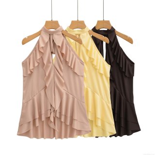 Women's Halter Neck Sleeveless Camisole Layered Ruffle Trim Polyester Chiffon Top Summer Casual Street Style Solid Color Fashionable Backless Design Women's Halter Neck Sleeveless Camisole Layered Ruffle Trim Polyester Chiffon Top Summer Casual Street Style Solid Color Fashionable Backless Design