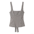Women's Plaid Gingham Camisole Bow Cutout Backless Sleeveless Tank Top Polyester Summer Sexy Slim Fit Crop Top for Women Streetwear