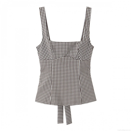 Women's Plaid Gingham Camisole Bow Cutout Backless Sleeveless Tank Top Polyester Summer Sexy Slim Fit Crop Top for Women Streetwear