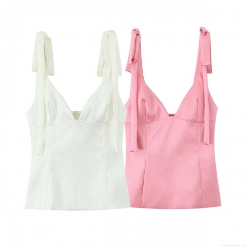 Women's Sexy Backless Satin Camisole Top Bow Tie Shoulder Deep V Neck Summer Streetwear Slim Fit Sleeveless Tank Top for Women