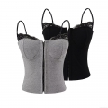 Women's Lace Splicing Camisole With Chest Pad Slim Fit Rayon Spandex Ribbed Tank Top Front Hook Closure Sexy Streetwear Sleeveless Vest Summer Top