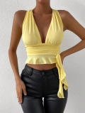 Women Sexy Deep V Neck Halter Top Cross Tie Backless Ruffle Hem Sleeveless Slim Fit Polyester Spandex Shirt For Summer Party Clubwear