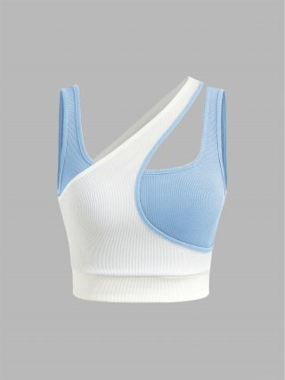 Women Sexy Ribbed Knit Crop Top Asymmetric Shoulder Color-Block Patchwork Slim Fit Sleeveless Cami Tank Top Streetwear Party Clubwear Summer