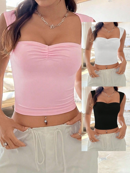 Women's Sexy Ruched Tank Top Cotton Polyester Spandex Square Neck Backless Cropped Slim Fit Summer Sleeveless Camisole Top Casual Party Streetwear Women's Sexy Ruched Tank Top Cotton Polyester Spandex Square Neck Backless Cropped Slim Fit Summer Sleeveless Camisole Top Casual Party Streetwear