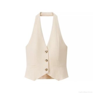 Women Summer Halter Vest Single Breasted Backless Tank Top Polyester Suit Fabric Sleeveless Streetwear Off White Sexy Crop Top For Party Vacation