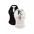 Women Sexy Floral Lace Halter Top With Bow Decor Elegant Backless Sleeveless Ruffle Cami Top For Summer Party Streetwear Fashion Outfits