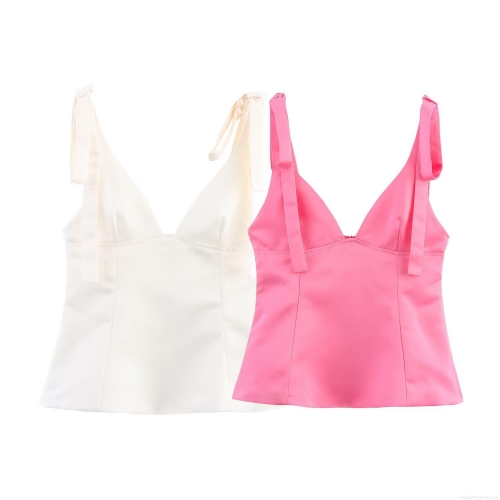 Women's Satin Texture Camisole Top With Bow Tie Shoulder Straps V-Neck Sleeveless Back Zipper Slim Fit Top For Women Summer Streetwear Party Women's Satin Texture Camisole Top With Bow Tie Shoulder Straps V-Neck Sleeveless Back Zipper Slim Fit Top For Women Summer Streetwear Party