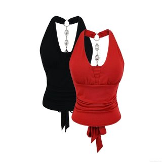 Women's Sexy Halter Neck Crop Top Backless Ruched Camisole With Metal Chain Rhinestone Decoration Summer Party Streetwear Rayon Spandex Sleeveless Top