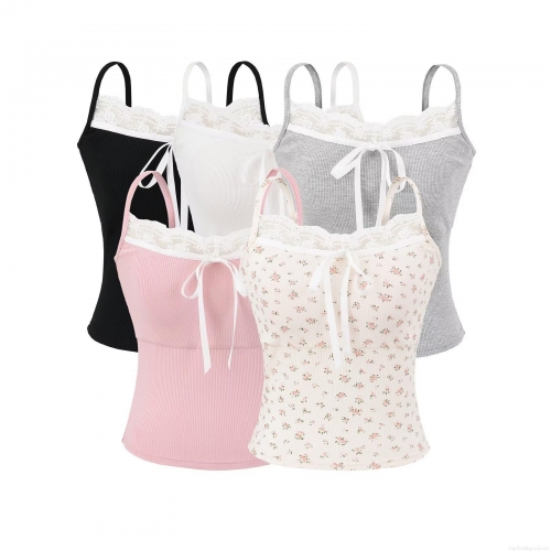 Women's Lace Trim Spliced Ribbed Knit Camisole Top With Chest Pad Bow Knot Slim Fit Spaghetti Strap Summer Tank Top For Women Daily Casual Women's Lace Trim Spliced Ribbed Knit Camisole Top With Chest Pad Bow Knot Slim Fit Spaghetti Strap Summer Tank Top For Women Daily Casual